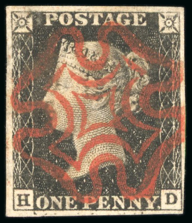 1840, 1d black pl.1b HD with four margins and full strike of red MC