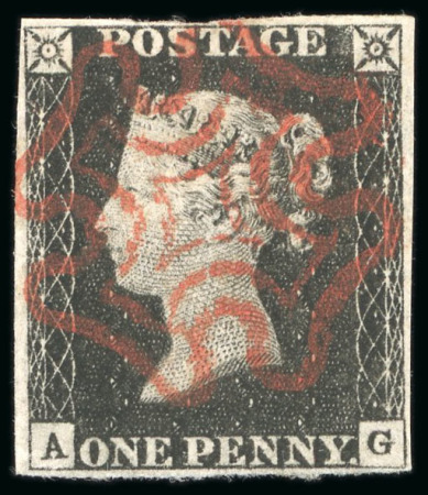 1840, 1d black pl.2 AG with four margins and crisply struck red MC