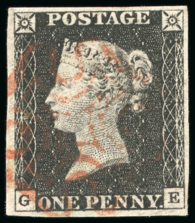11840, 1d black pl.2 GE with four margins and red MC, matched with 1d red pl.2