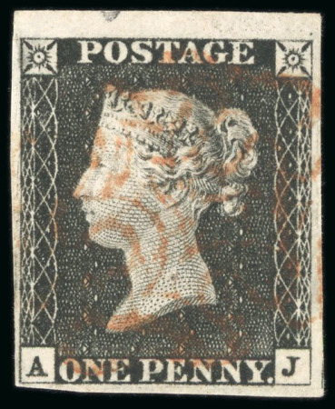 1840, 1d black pl.3 AJ with top partial margin and fine to good margins elsewhere, light red MC