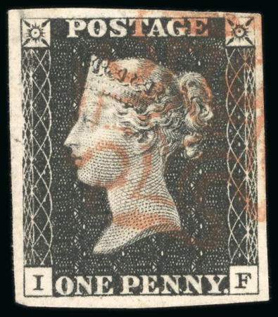  1840, 1d black pl.4 IF with four good to large margins, lightly struck red MC