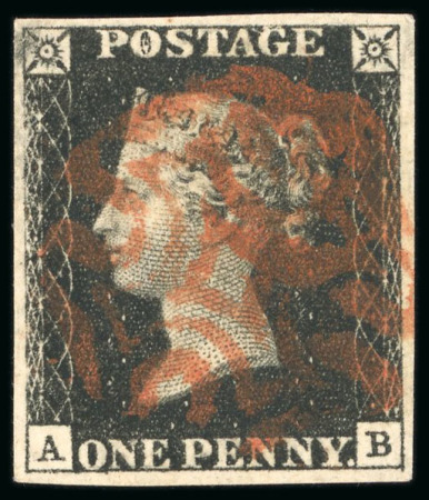 1840, 1d black pl.5 AB with four good margins and red MC