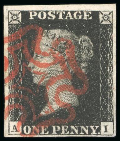 1840, 1d black pl.5 AI with four margins and neat red MC