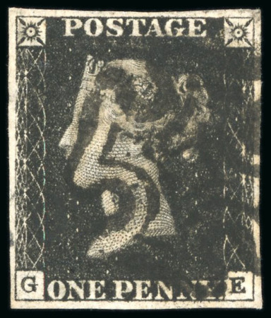 1840, 1d black pl.6 GE with four margins and neat black