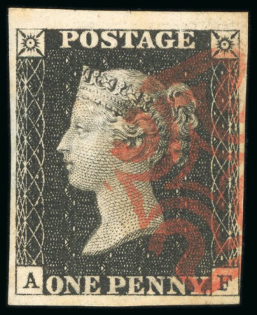 GB 1840, 1d black pl.6 AF with just clear to large margins and neat red MC