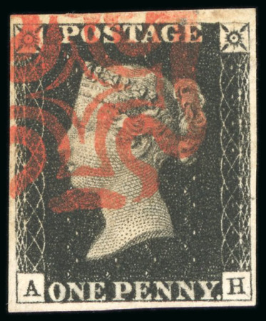 1840, 1d black pl.6 AH with four margins and red MC