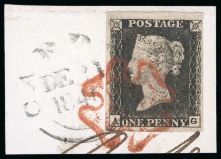 1840, 1d black pl.7 AG with four margins on piece
