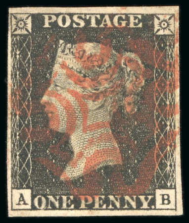 1840, 1d black pl.7 AB with four margins and centrally struck red MC
