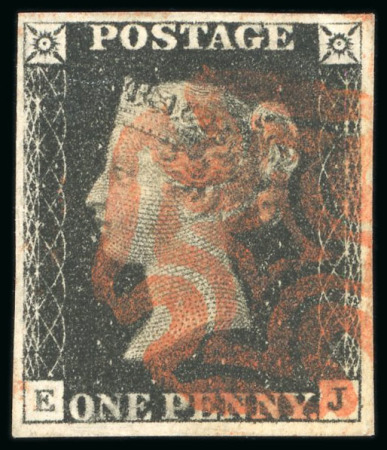 1840, 1d black pl.7 EJ with four margins and neat red MC