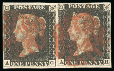 GB 1840, 1d black pl.7 AG-AH horizontal pair with four margins and two neat strikes of a red MC