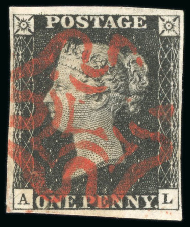 1840, 1d black pl.8 AL with four margins and neat strike of red MC