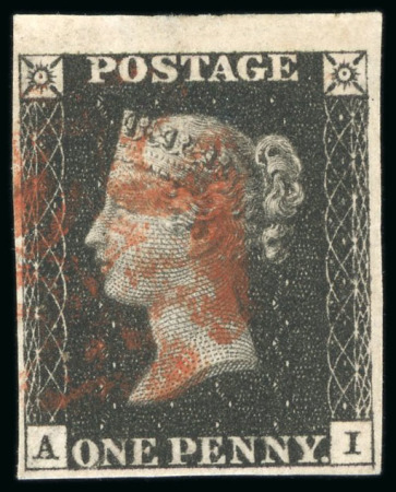 1840, 1d black pl.8 AI with four margins, very large partial sheet margin at top, red MC