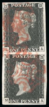 1840, 1d black pl.1b LA/MA vertical pair with large margins and red MCs