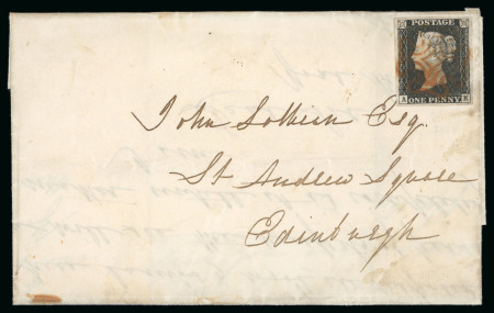 1840, 1d black pl.1a AK with four margins on lettersheet from Fushie Bridge to Edinburgh
