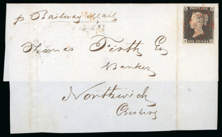 1840, 1d black pl.3 "AH", on front with bacfklap, inscribed in manuscript "p Railway Mail"