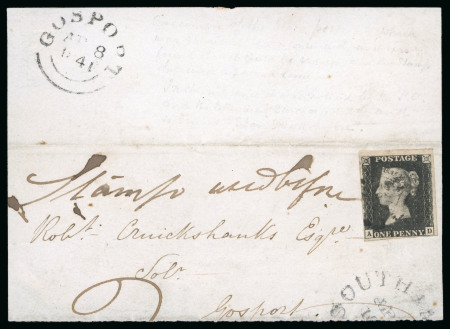 1840, 1d black pl.7 AD on part lettersheet with black MC, endorsed in manuscript "Stamp used before"