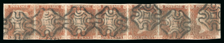 1841 1d red from black pl.8 AF-AL in used strip of 7