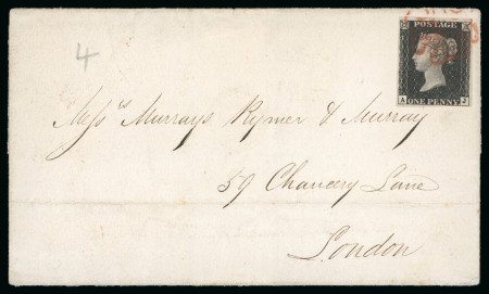 1840, 1d black pl.4 "AJ" with four margins on neat, clean wrapper to London from Bristol