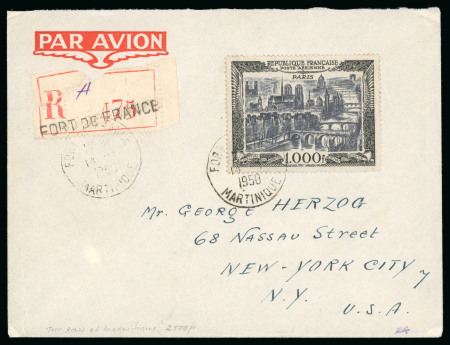 1950, 1000 francs Paris Y&T PA 29, lettre de Fort-de-France