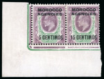 Stamp of Morocco Agencies (British Post Offices) » Spanish Currency 1907-12 15c on 1 1/2d pale dull purple and green with "1" of "15" omitted mint h.r. lower left corner marginal pair 
