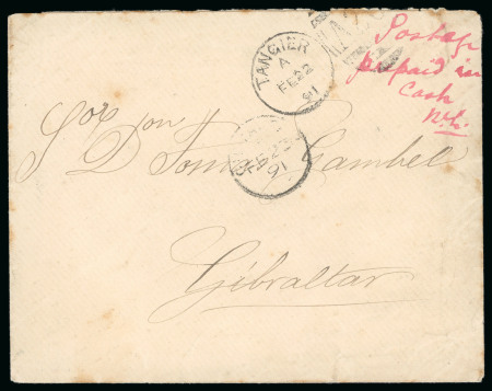 Stamp of Morocco Agencies (British Post Offices) » Gibraltar Used in Morocco 1891 (Feb 22) envelope endorsed "Postage prepaid in cash" and initialled "R.L" at top right by Postmaster Roque Lyons