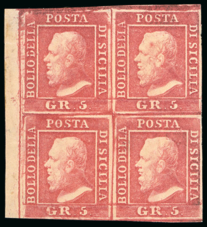 1859, 5 grana rosa carminio, blocco di quattro nuovo