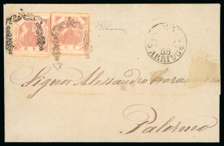 1859,  Lettera da Napoli con 4 grana annullati con ferro di cavallo rosso e nero