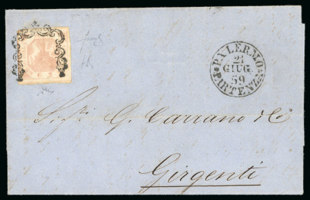 1859,  Lettera da Napoli con 2 grana annullato con ferro di cavallo nero