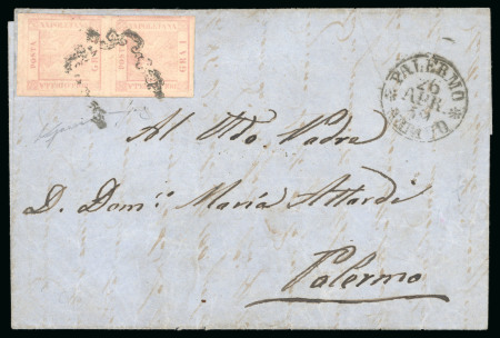 1859,  Lettera da Napoli con coppia dell' 1 grana annullato con ferro di cavallo nero