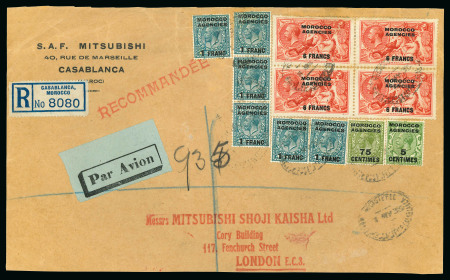 Casablanca: 1939 (May 3) commercial parcel piece from Mitsubishi to England, with 1924-32 6f on 5s block of four