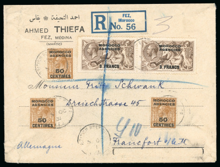 Fez: 1931 (Oct 5) commercial envelope sent registered to Germany with 1924-32 Seahorse 3f on 2s6d pair