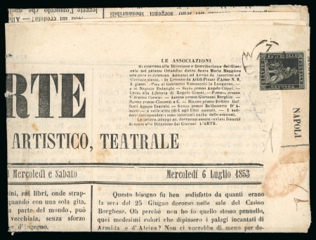 1853, Giornale da Firenze per Napoli affrancato con 1 quattrino I em.