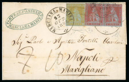 1852, Lettera affrancata per 5 soldi per il Regno di Napoli