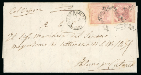 1859, Lettera da Napoli per Catania affrancata per 3 grana bollati con il ferro di cavallo.