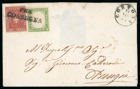 1861, Lettera con mista G.P. 40 c. e Sardegna 5 c.