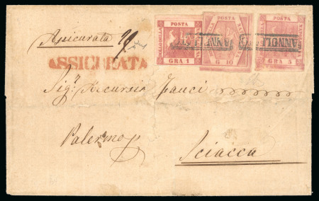 1860, Assicurata da Napoli affrancata per 16 grana per Sciacca.