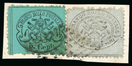 Stamp of Italian States » Papal States 1858, 3 c. grigio e 5 c. azzurro verdastro su frammento