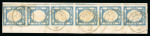 1861, 2 grana azzurro delle Province Napoletane, striscia di sei su frammento