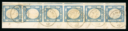 Stamp of Italian States » Naples 1861, 2 grana azzurro delle Province Napoletane, striscia di sei su frammento