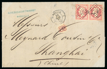 Stamp of China » Foreign Post Offices » French Post Offices 1867 Incoming wrapper from Marseille to Shanghai, franked with Empire 80c rose perf. in pair