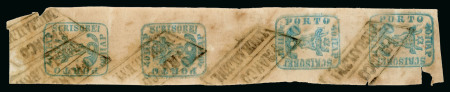 1858 40p greenish blue on white paper in vertical strip of four with central tête-bêche used
