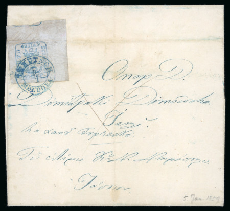 1858 40pa on bluish paper, large to huge margins showing parts of the neighbouring stamp at top, tied to cover to Jassy