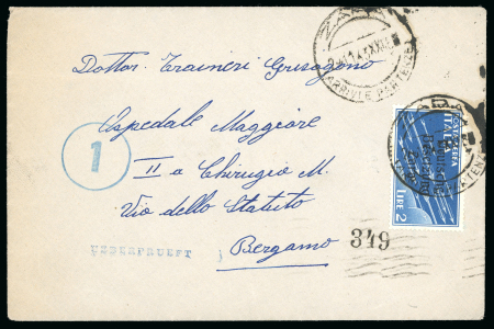 1943 (Nov. 23) Cover to Bergamo (Italy), airmail 2L on genuinely travelled cover