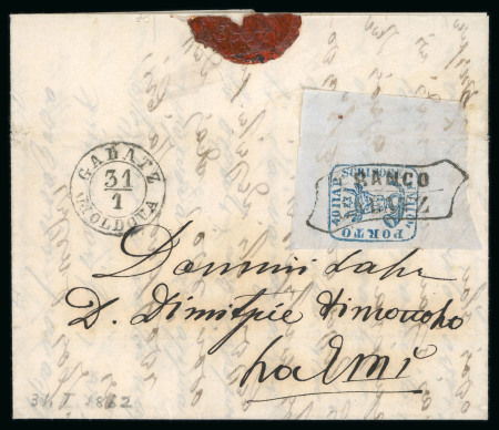 1858 40pa on bluish paper, good to huge margins, on 31.1.1862 cover cancelled by the framed "FRANCO / GALATZ" hs