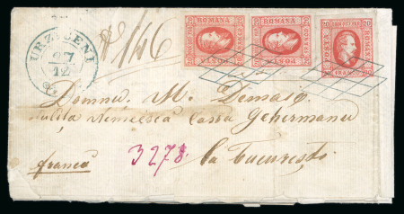 1864-65 20pa red, three examples on 1865 entire sent registered to Bucharest