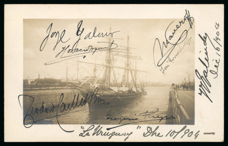 Real photographic postcard of the “La Uruguay” anchored at Buenos Aires harbour signed on picture side by six members 