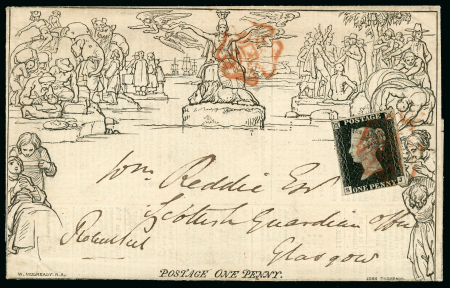 Stamp of Great Britain » 1840 Mulreadys & Caricatures 1840 (Jul 4) 1d. Mulready advertising letter sheet, A71, to Glasgow, additionally bearing 1840 1d black pl.4 SJ