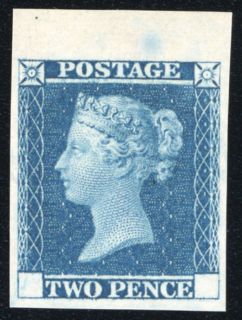 Stamp of Great Britain » Line Engraved Essays, Plate Proofs, Colour Trials and Reprints 1841 2d blue trial without corner letters, top marginal single