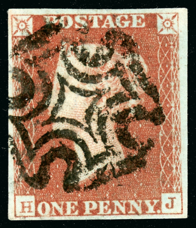Stamp of Great Britain » 1840 1d Black and 1d Red plates 1a to 11 1840 1d pl.10 HJ, red printing from "black plate", showing "O" flaw state 2 & square "J", plus EB used