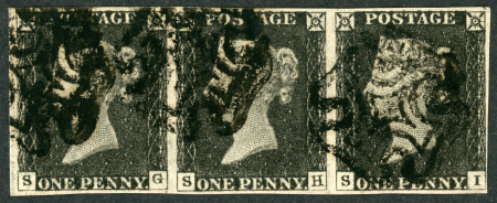 Stamp of Great Britain » 1840 1d Black and 1d Red plates 1a to 11 1840 1d black pl.2 SG-SI, used horizontal strip of three
